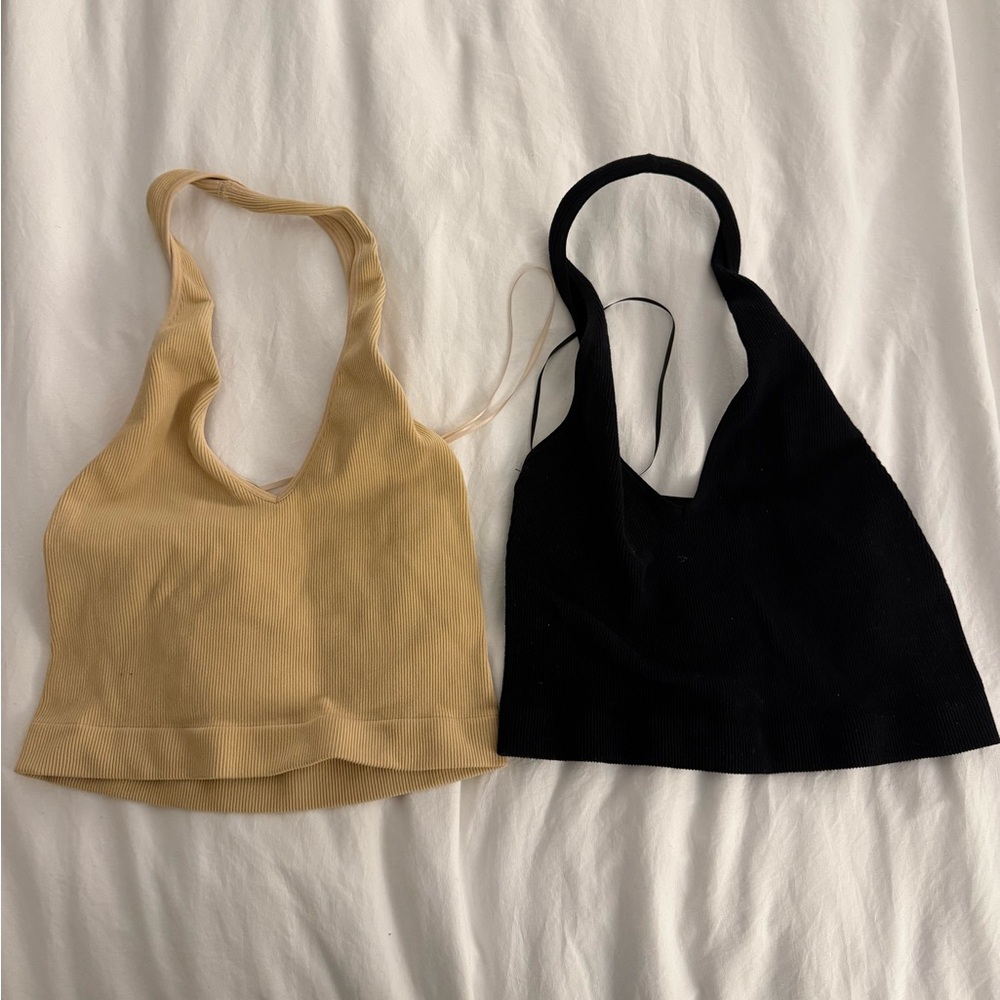 Stretchy Ribbed Tan and Black Halter Tops